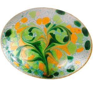 Mid Century Enamel Brooch Signed Inga Copper Abstract Floral Vintage Pin